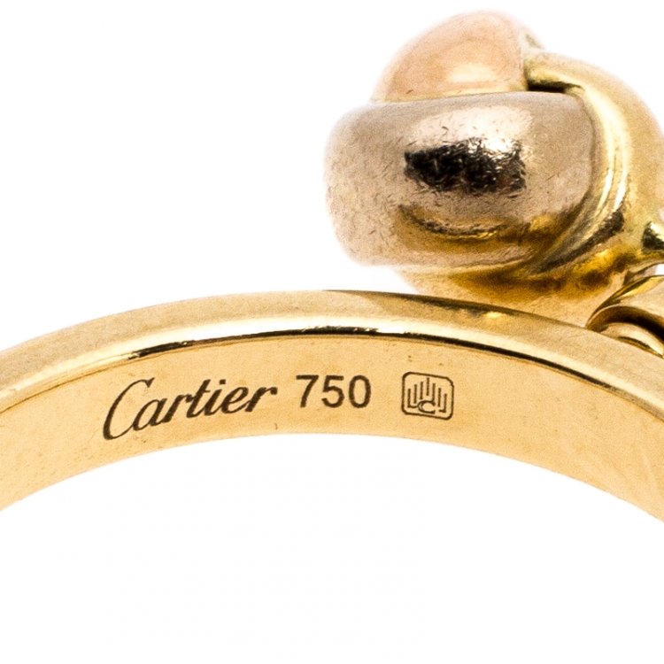 Pre Owned Cartier Diamond Three Tone 18K Gold Trinity Knot Charm Ring Size 54