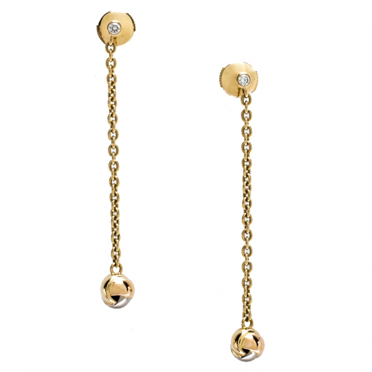 Pre Owned Cartier Diamond Three Tone 18K Gold Trinity Knot Long Dangle Earrings