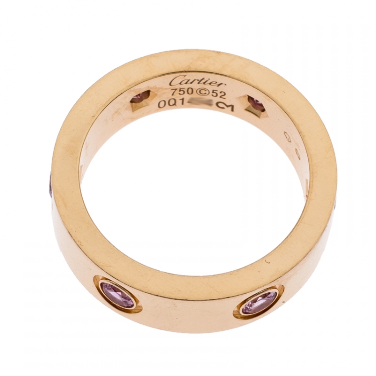 Pre Owned Cartier Love 18K Rose Gold and Pink Sapphire Band Ring Size EU 52.5