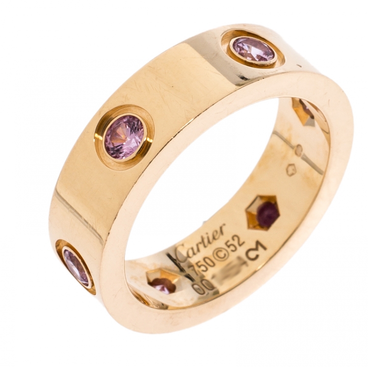Pre Owned Cartier Love 18K Rose Gold and Pink Sapphire Band Ring Size EU 52.5