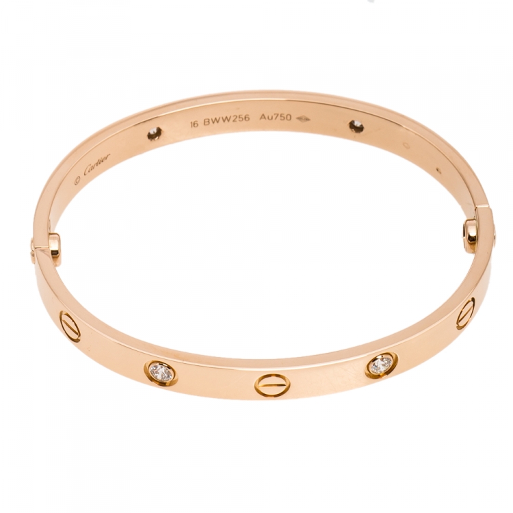 Pre Owned Cartier Love 4 Diamond 18K Rose Gold Bracelet 16