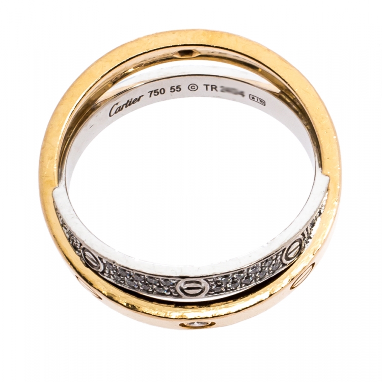 مملوكة مسبقًا  Cartier Love Diamond Two Tone 18K Gold Double Band Ring Size 55