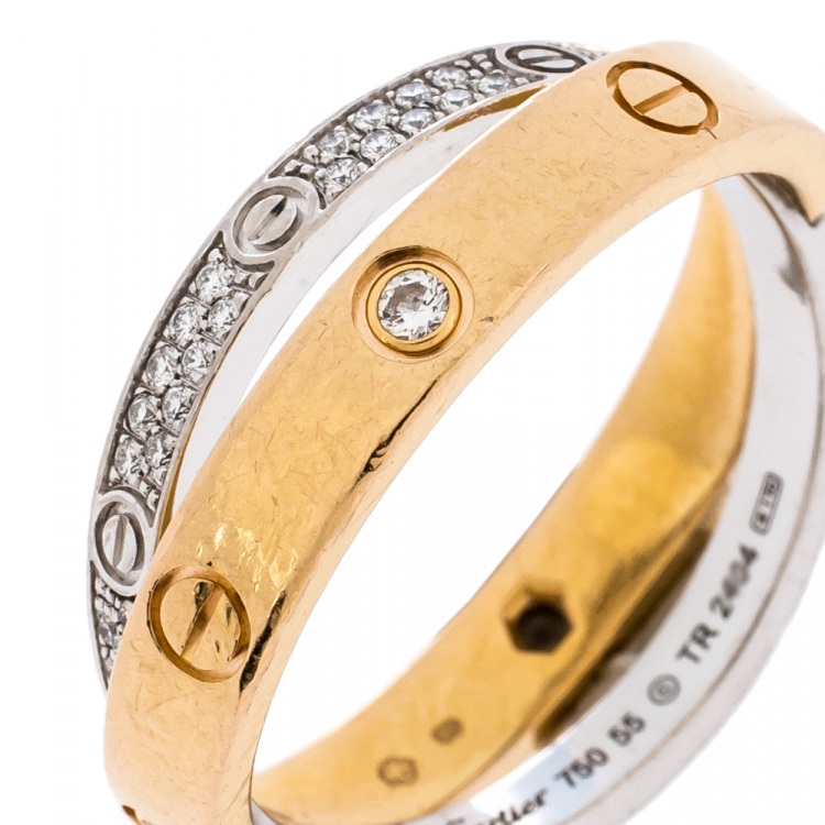 مملوكة مسبقًا  Cartier Love Diamond Two Tone 18K Gold Double Band Ring Size 55