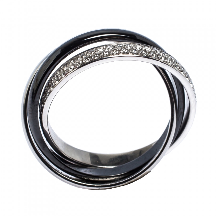 Pre Owned Cartier Trinity Diamond 18K White Gold Platinum Ceramic Rolling Ring Size 53