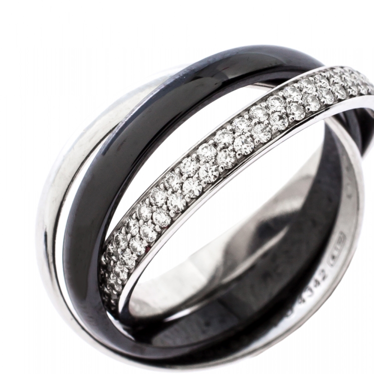 Pre Owned Cartier Trinity Diamond 18K White Gold Platinum Ceramic Rolling Ring Size 53