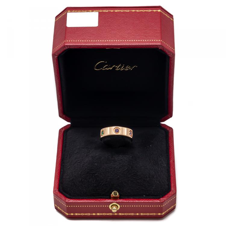 Pre Owned Cartier Love Multi Color Stone Rose Gold Ring Size 52