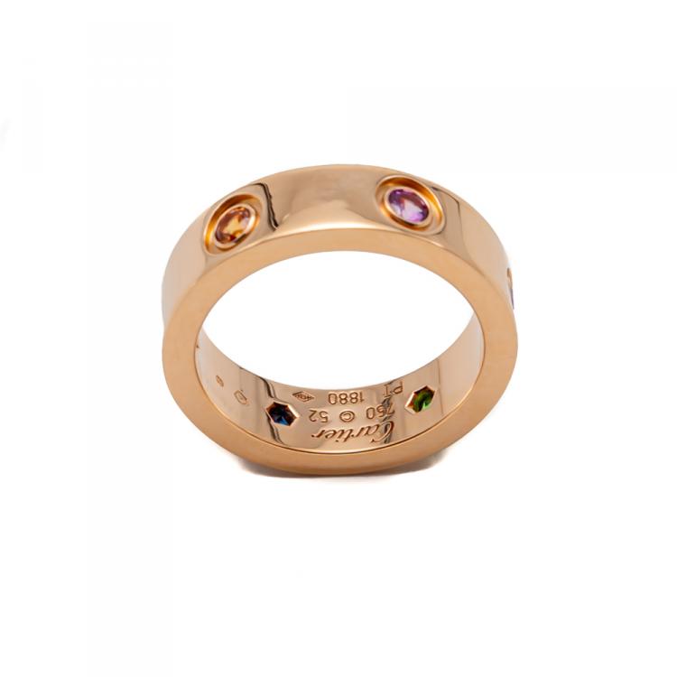 Pre Owned Cartier Love Multi Color Stone Rose Gold Ring Size 52