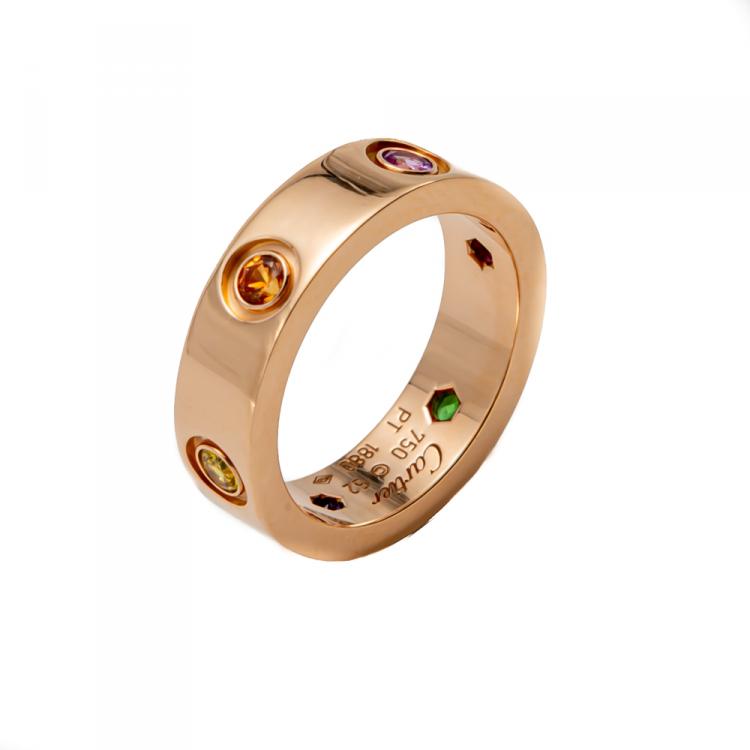 Pre Owned Cartier Love Multi Color Stone Rose Gold Ring Size 52