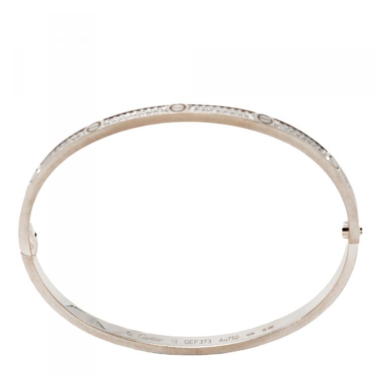 Pre Owned Cartier Love White Gold Pave Diamond Small Model Bracelet Size 18