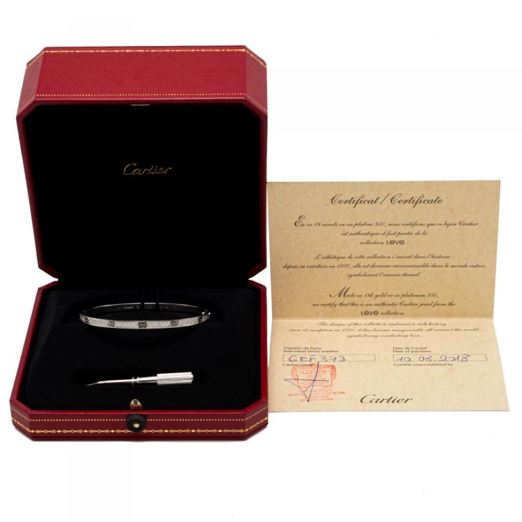 Pre Owned Cartier Love White Gold Pave Diamond Small Model Bracelet Size 18