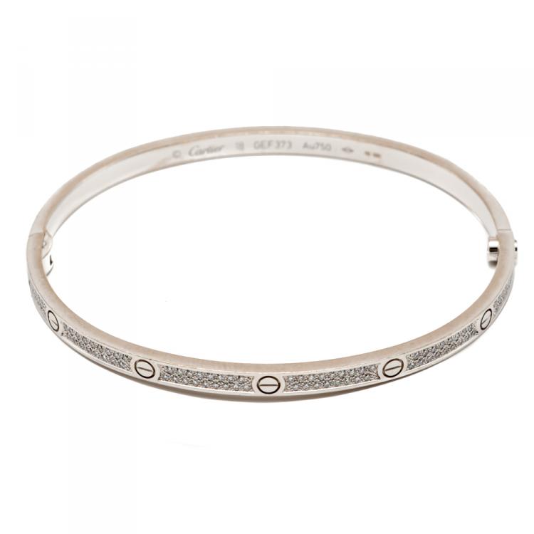 Pre Owned Cartier Love White Gold Pave Diamond Small Model Bracelet Size 18
