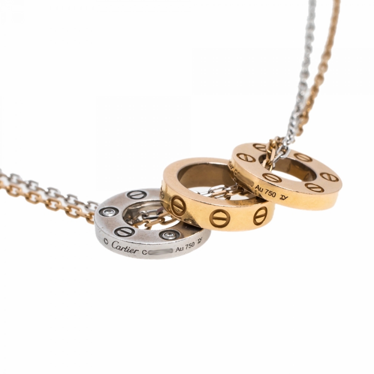 Pre Owned Cartier Love 6 Diamond Two Tone 18K Gold 3 Circular Charm Necklace