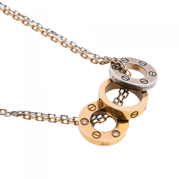 Pre Owned Cartier Love 6 Diamond Two Tone 18K Gold 3 Circular Charm Necklace