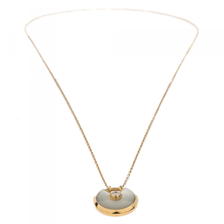 Pre Owned Cartier Amulette De Cartier Mother of Pearl Diamond 18K Yellow Gold Necklace