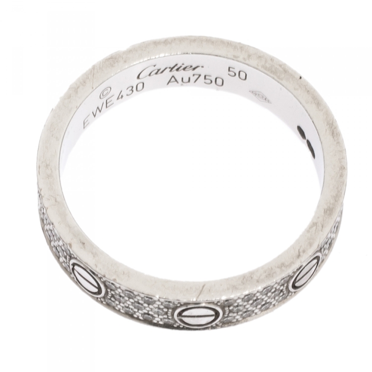 Pre Owned Cartier Love Diamond Paved 18k White Gold Wedding Band Ring Size 50