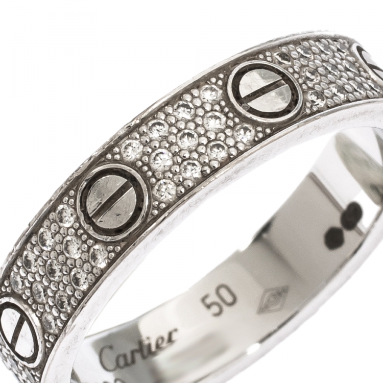 Pre Owned Cartier Love Diamond Paved 18k White Gold Wedding Band Ring Size 50