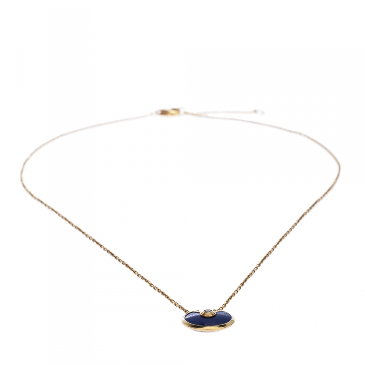 Pre Owned Cartier Amulette De Cartier Diamond Lapis Lazuli 18K Yellow Gold Necklace XS