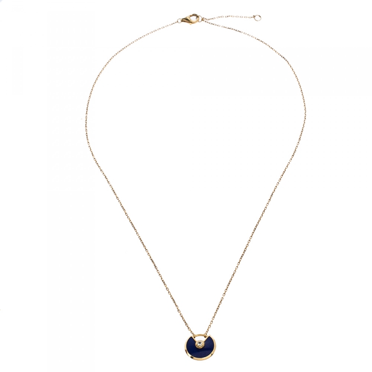 Pre Owned Cartier Amulette De Cartier Diamond Lapis Lazuli 18K Yellow Gold Necklace XS