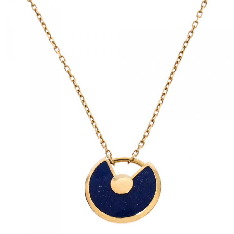 Pre Owned Cartier Amulette De Cartier Diamond Lapis Lazuli 18K Yellow Gold Necklace XS