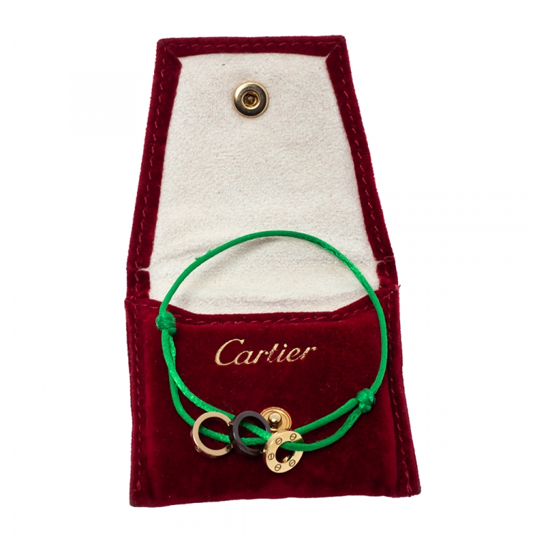 Pre Owned Cartier Love Diamond Ceramic Two Tone 18K Gold Green Cord Adjustable Bracelet