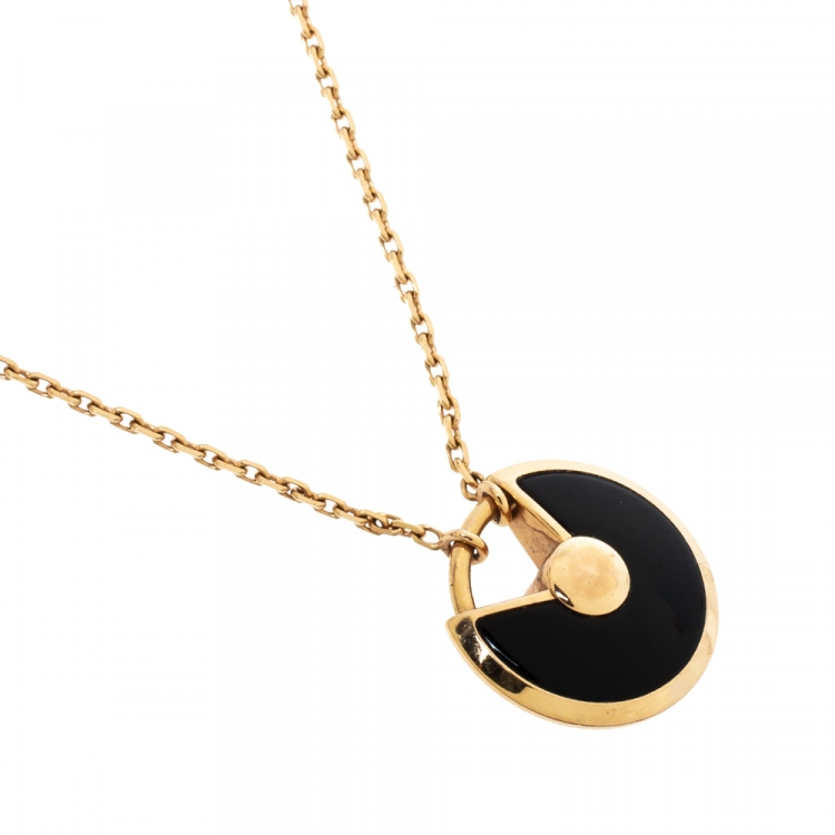 Pre Owned Cartier Amulette de Cartier Diamond Onyx 18K Rose Gold Necklace XS