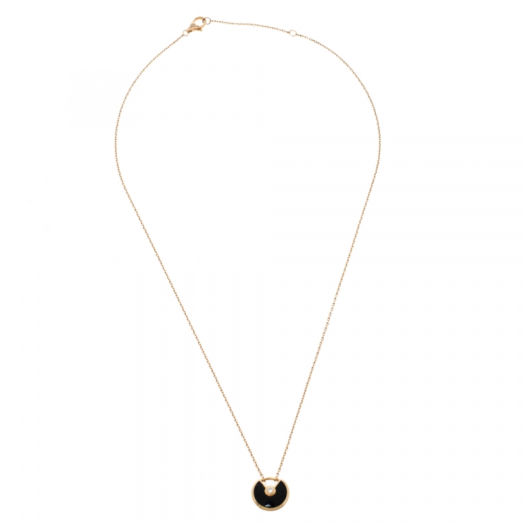 Pre Owned Cartier Amulette de Cartier Diamond Onyx 18K Rose Gold Necklace XS