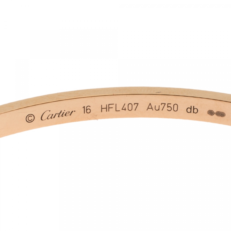 Pre Owned Cartier Love 18K Yellow Gold Narrow Bangle Bracelet Size 16