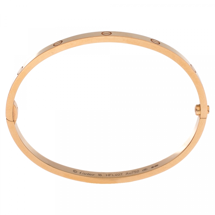 Pre Owned Cartier Love 18K Yellow Gold Narrow Bangle Bracelet Size 16