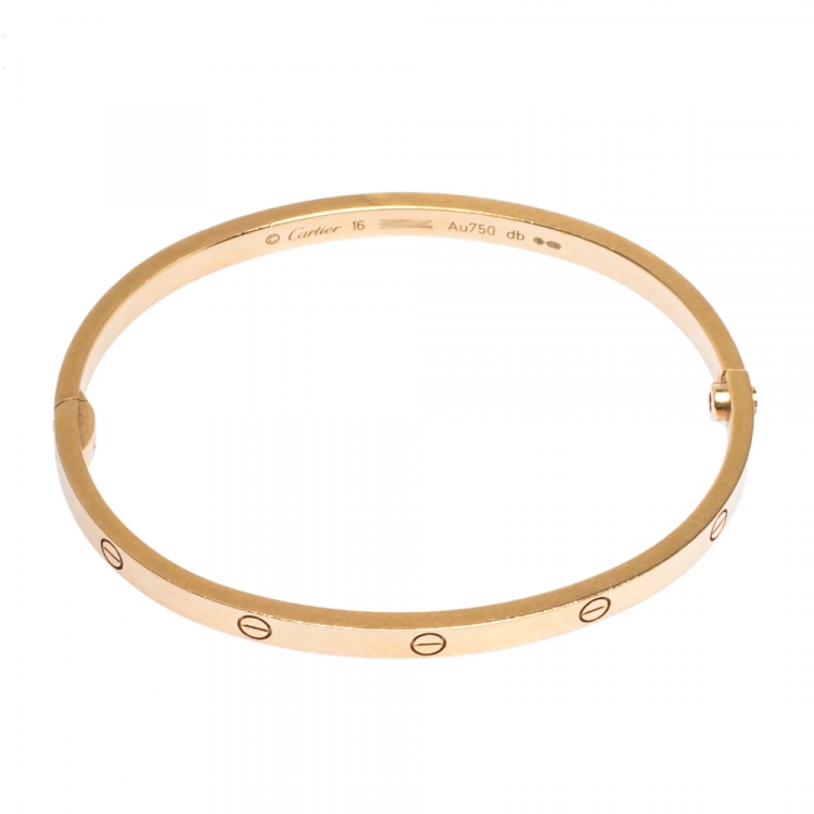 Pre Owned Cartier Love 18K Rose Gold Narrow Bangle Bracelet Size 16
