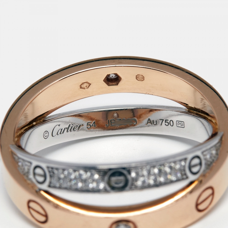 Pre Owned  Cartier Love Pave Diamond Two Tone 18K Gold Double Band Ring Size 54