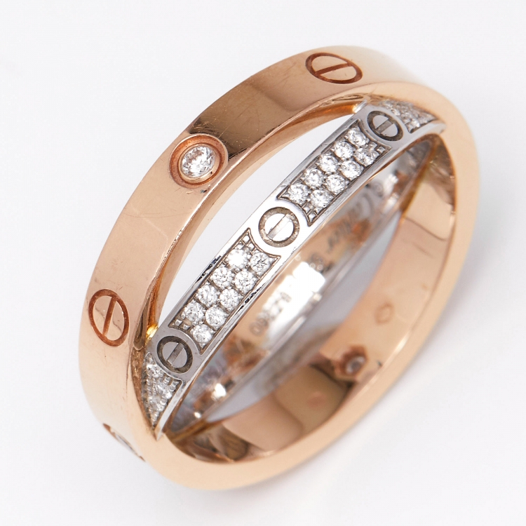 Pre Owned  Cartier Love Pave Diamond Two Tone 18K Gold Double Band Ring Size 54