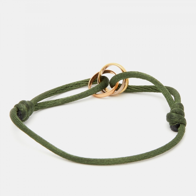Pre Owned Cartier Trinity 18k Three Tone Gold Adjustable Green Cord Bracelet