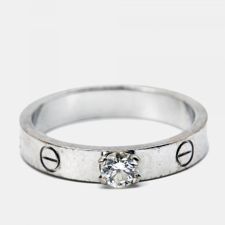 Pre Owned Cartier Love Solitare Diamond 18k White Gold Ring Size 54