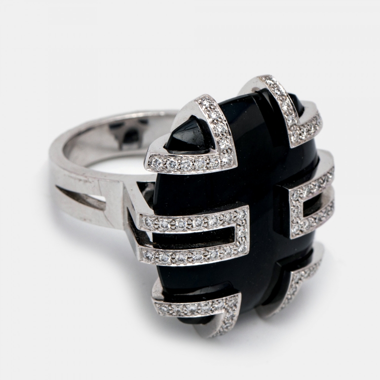 Pre Owned Cartier Le Baiser du Dragon Black Jade Diamond 18K White Gold Ring Size 52