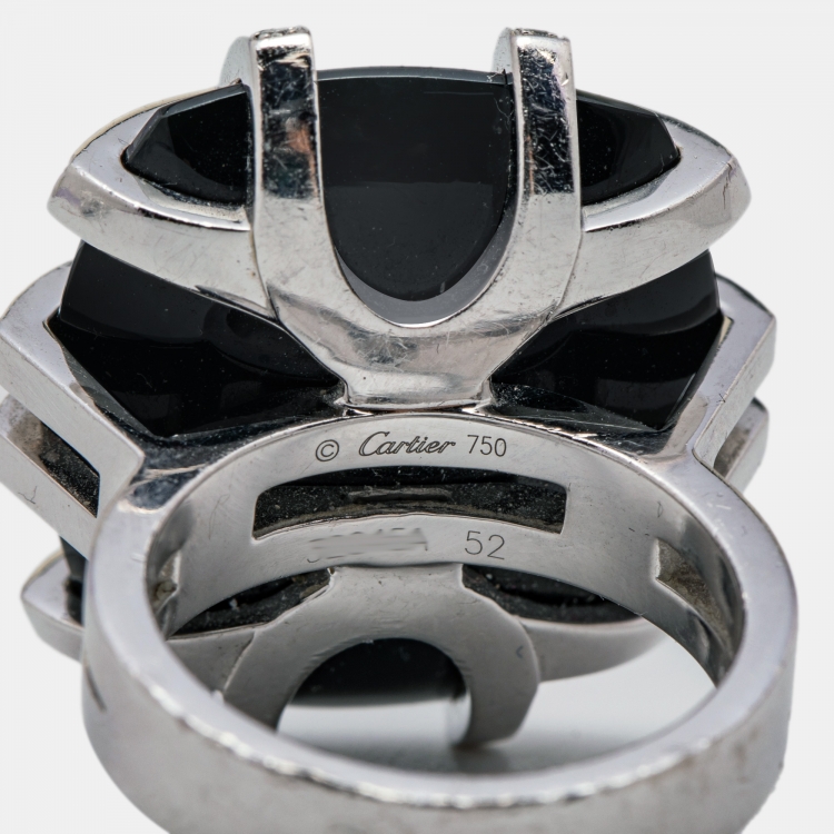Pre Owned Cartier Le Baiser du Dragon Black Jade Diamond 18K White Gold Ring Size 52