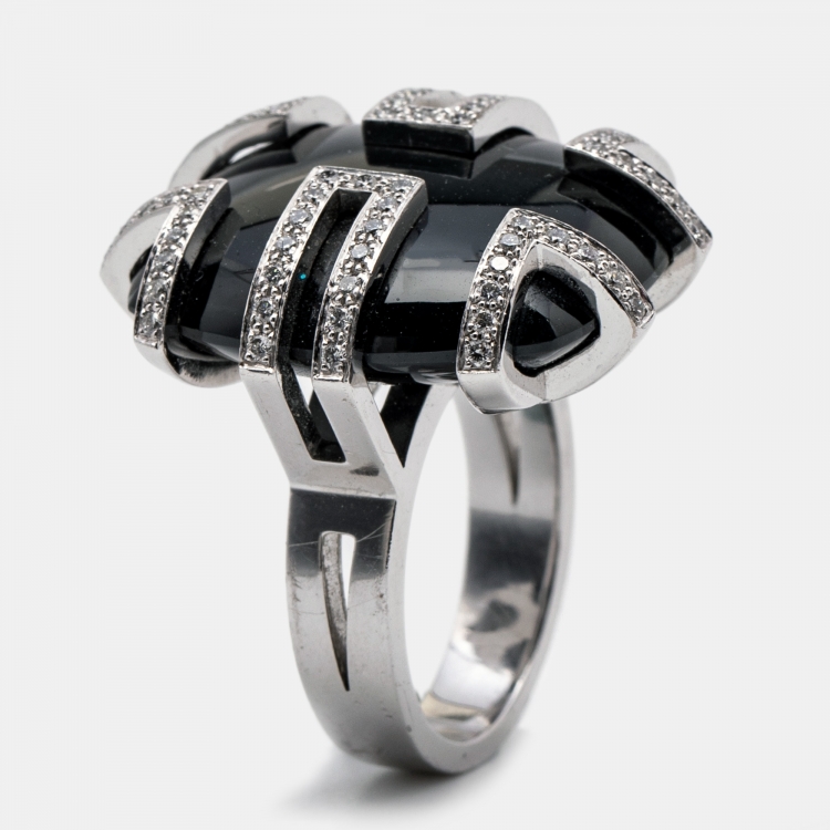 Pre Owned Cartier Le Baiser du Dragon Black Jade Diamond 18K White Gold Ring Size 52