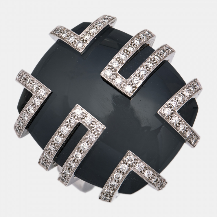 Pre Owned Cartier Le Baiser du Dragon Black Jade Diamond 18K White Gold Ring Size 52