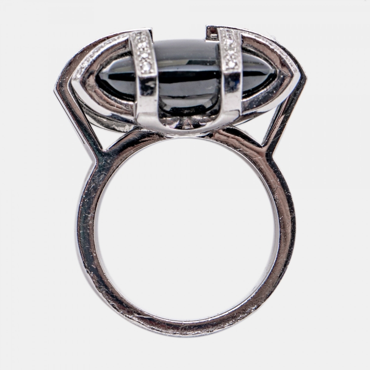 Pre Owned Cartier Le Baiser du Dragon Black Jade Diamond 18K White Gold Ring Size 52
