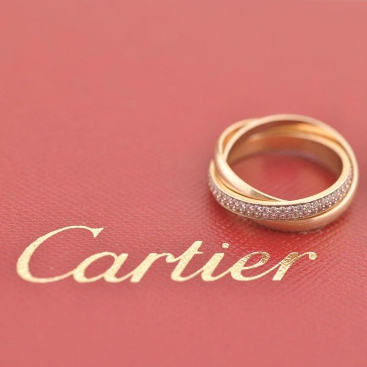 Pre Owned Cartier Trinity Pink Sapphire Rose Gold Ring 53