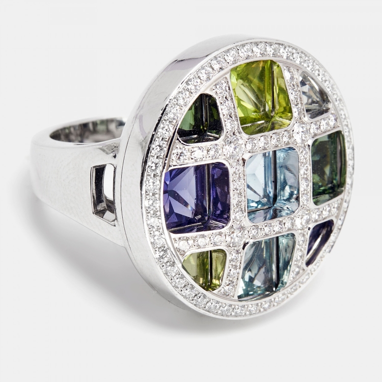 مملوكة مسبقًا Cartier Pasha de Cartier Multi Gemstone 18k White Gold Cocktail Ring Size 53