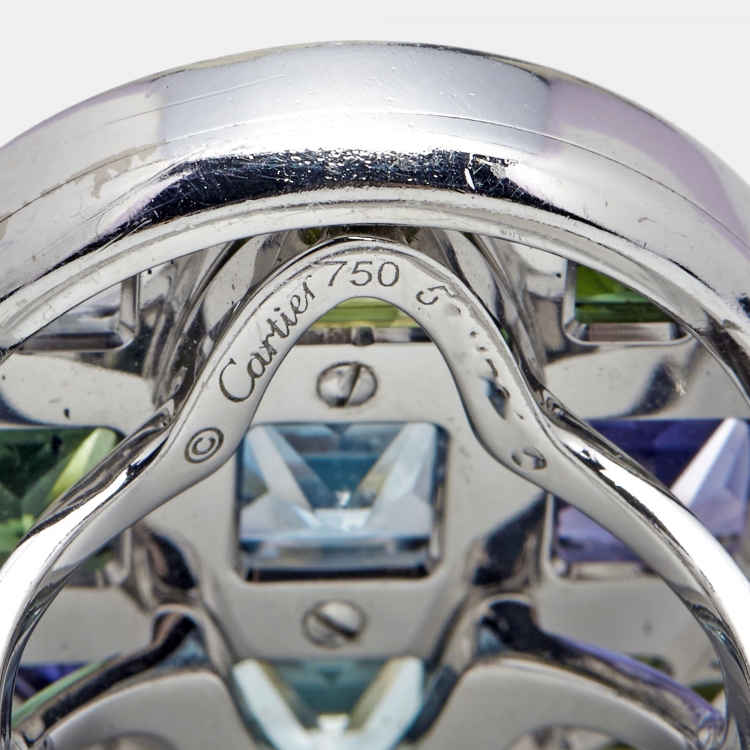 مملوكة مسبقًا Cartier Pasha de Cartier Multi Gemstone 18k White Gold Cocktail Ring Size 53