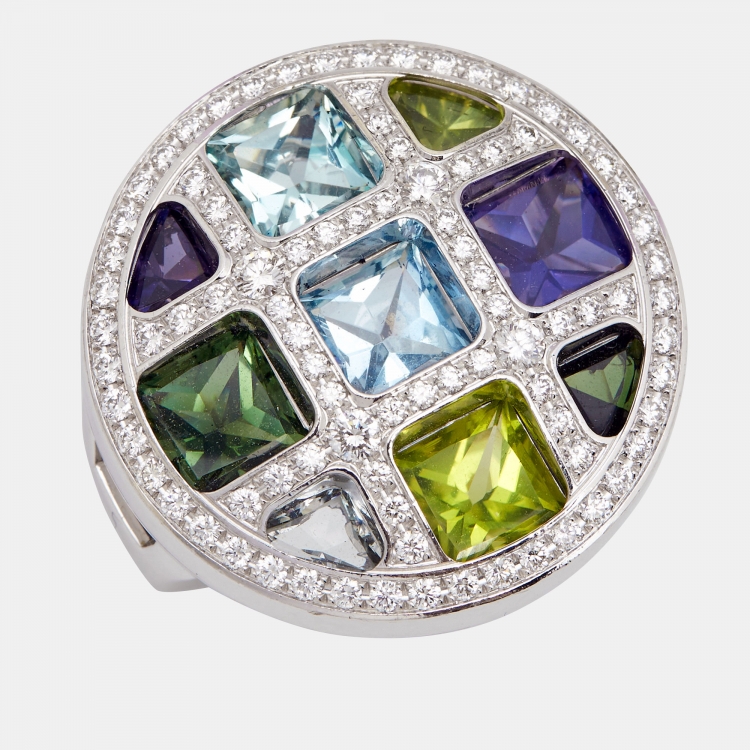 مملوكة مسبقًا Cartier Pasha de Cartier Multi Gemstone 18k White Gold Cocktail Ring Size 53