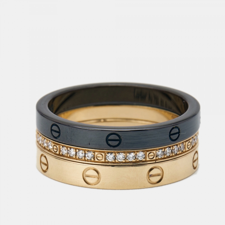 Pre Owned Cartier Love Diamond Ceramic 18k Rose Gold 3 Ring Set Size 53