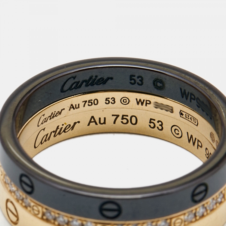 Pre Owned Cartier Love Diamond Ceramic 18k Rose Gold 3 Ring Set Size 53