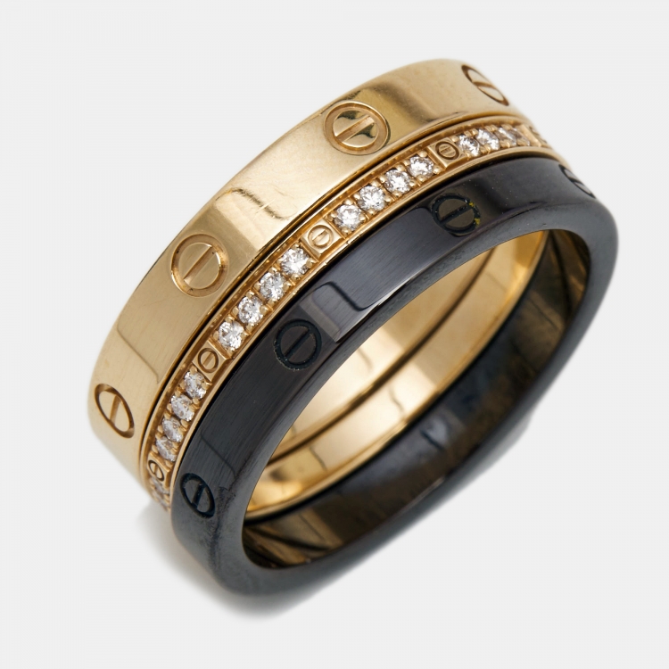 Pre Owned Cartier Love Diamond Ceramic 18k Rose Gold 3 Ring Set Size 53