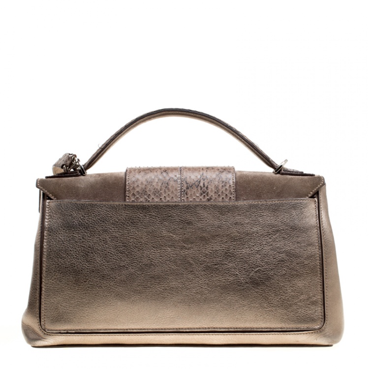 Pre Owned Cartier Dark Beige Leather and Python Classic Feminine Line Top Handle Bag