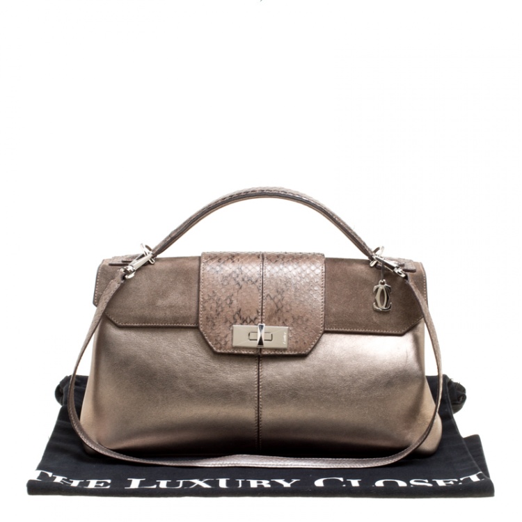 Pre Owned Cartier Dark Beige Leather and Python Classic Feminine Line Top Handle Bag