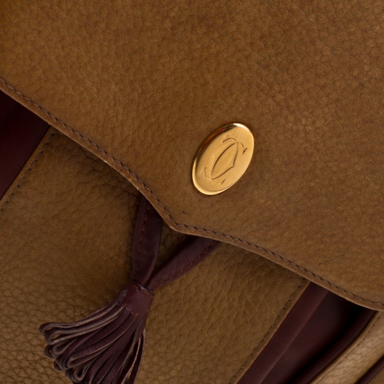 Pre Owned Cartier Tan/Burgundy Leather Must De Cartier Shoulder Bag