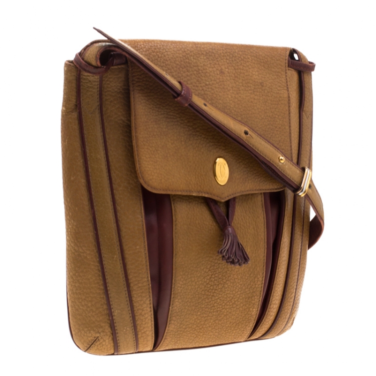 Pre Owned Cartier Tan/Burgundy Leather Must De Cartier Shoulder Bag
