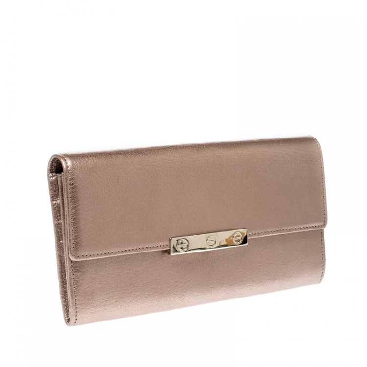 Pre Owned Cartier Metallic Peach Leather Continental Wallet